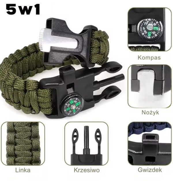 Bransoletka survival opaska 5w1 kompas krzesiwo linka ostrze
